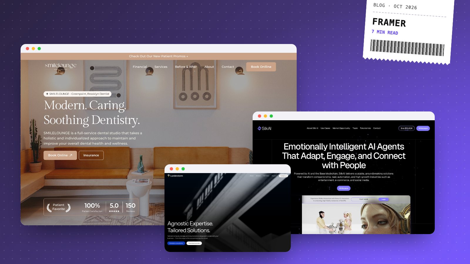 Framer websites designed and built by Eric Boluwatife, including SMILELOUNGE and Ink Removal