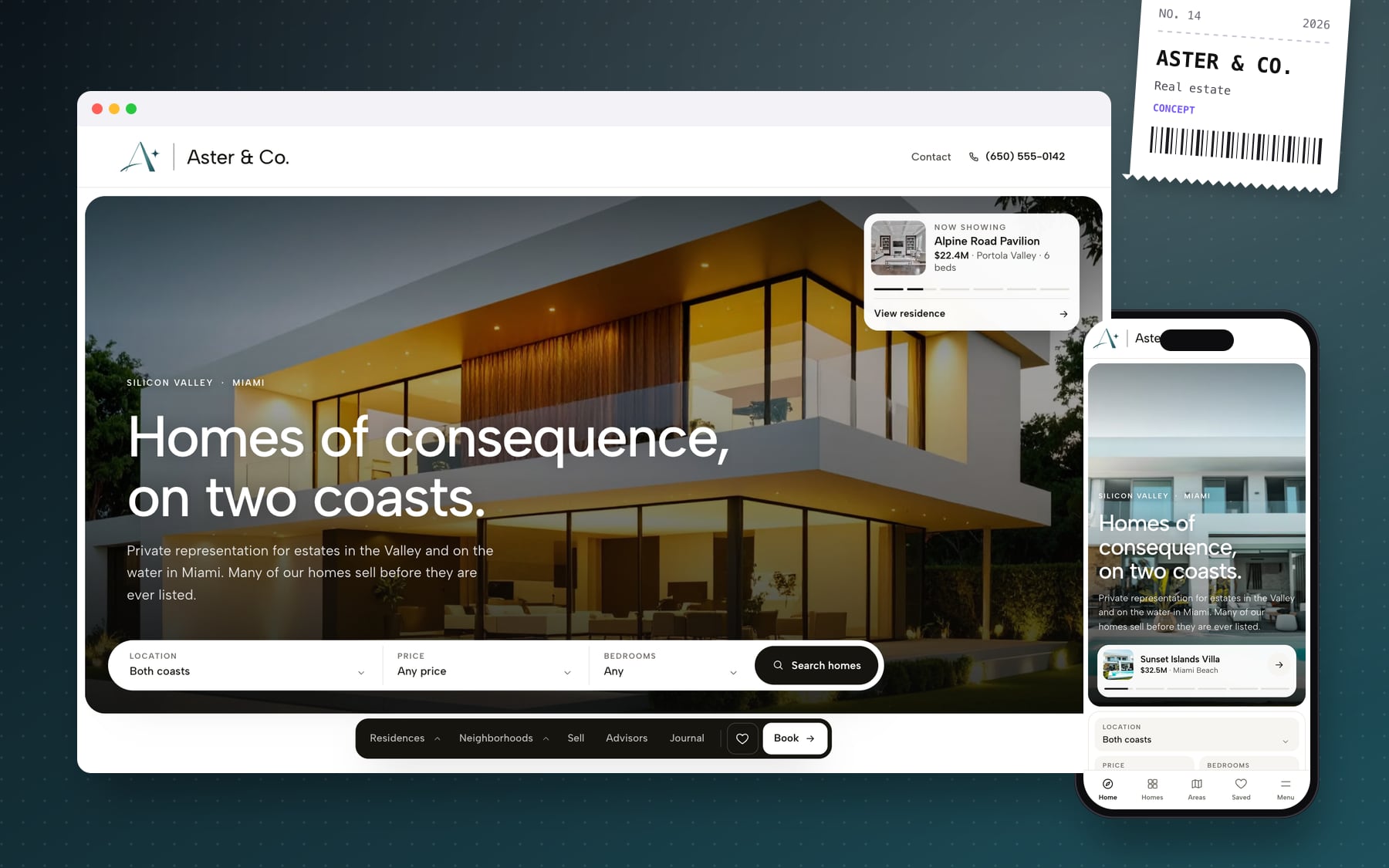 Aster & Co. website built from the brand